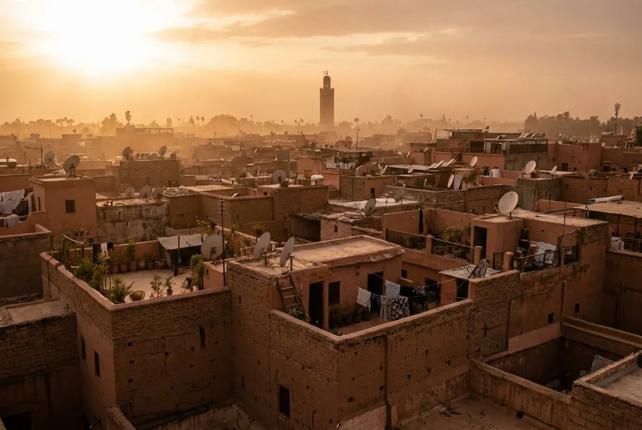Daken van de medina van Marrakech in warm avondlicht